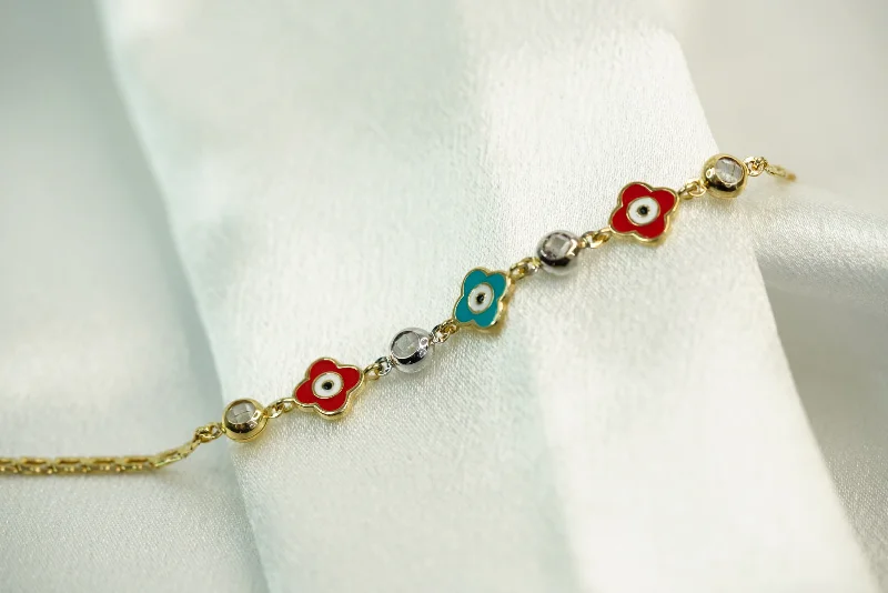 Women's DNA bangles-14k Flower Red and Blue Eye Bracelet