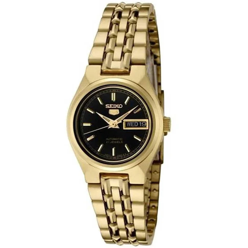 Women's birthstone bangles-Seiko Women's Automatic Watch - 5 Sports Black Dial Yellow Gold Bracelet | SYMA06K1