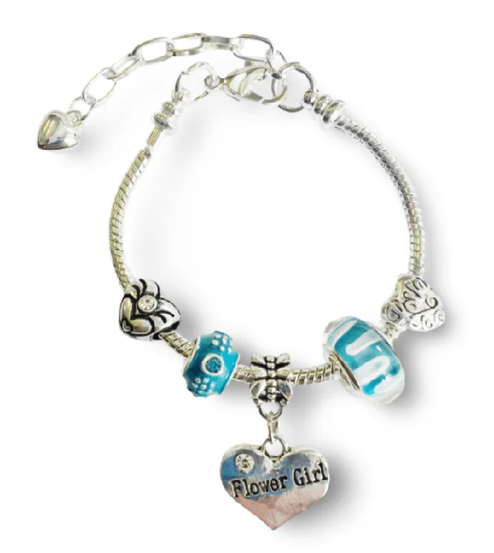 Women's sun bangles-Children's Adjustable 'Blue Flower Girl' Silver Plated Charm Bead Bracelet