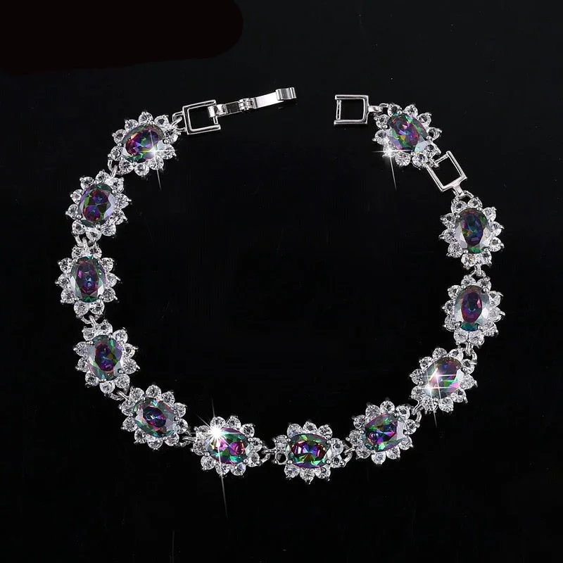 Women's symbolic bangles-925 Oval Rainbow Mystic Topaz CZ Tennis Bracelet