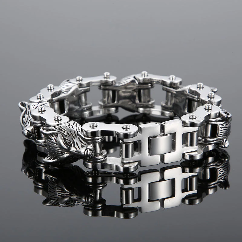 Women's zodiac bangles-Stainless Steel Multi Row Wolves Biker Chain Bracelet