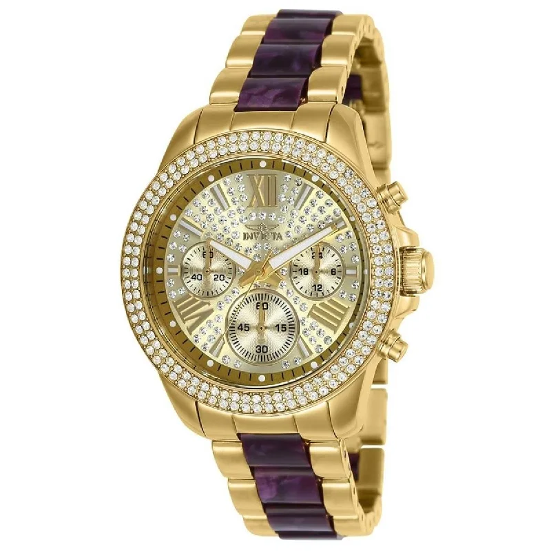 Women's gold-plated bangles-Invicta Women's Chrono Watch - Angel Crystal Gold Tone Dial Two Tone Bracelet | 20508