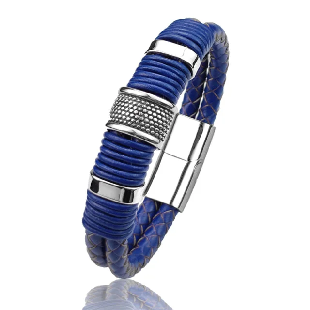 Custom women's bangles-Men's Double Braided Royal Blue Leather Stainless Steel Bracelet