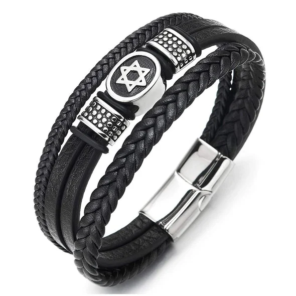 Women's silver bangles-Magen Star of David Multilayer Leather Bracelet