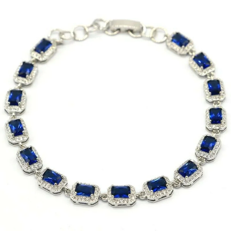 Women's birthstone bangles-Created Blue Sapphire Gemstone Tennis Bracelet