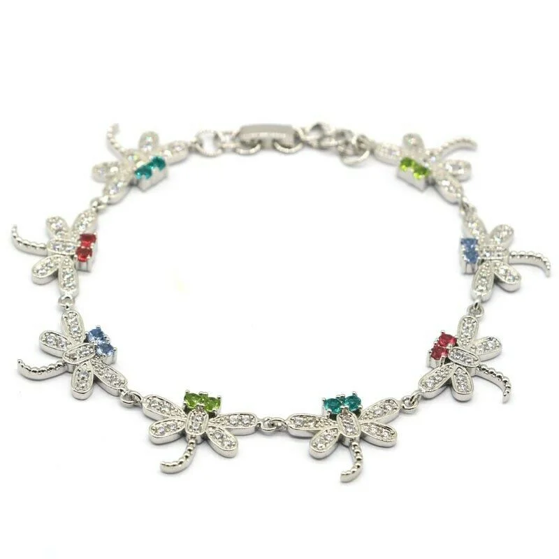 Women's travel bangles-Multi-Color Gemstone Micro-Pave Dragonfly Tennis Bracelet