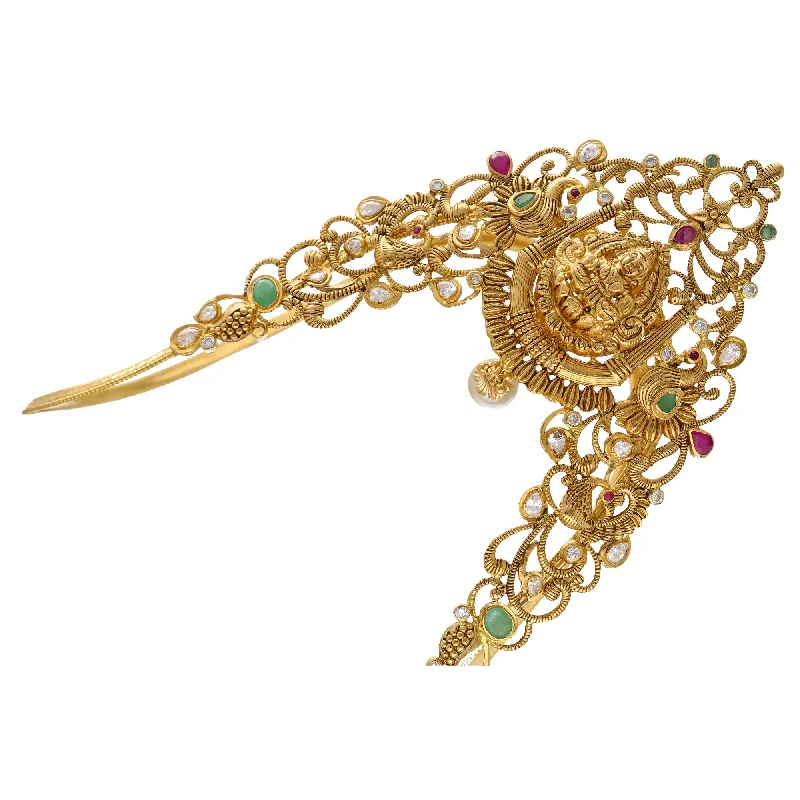 Women's gift bangles-22K Yellow Gold Temple Vanki Arm Bracelet w/ Emerald, Ruby, Pearls & CZ (45.3grams)