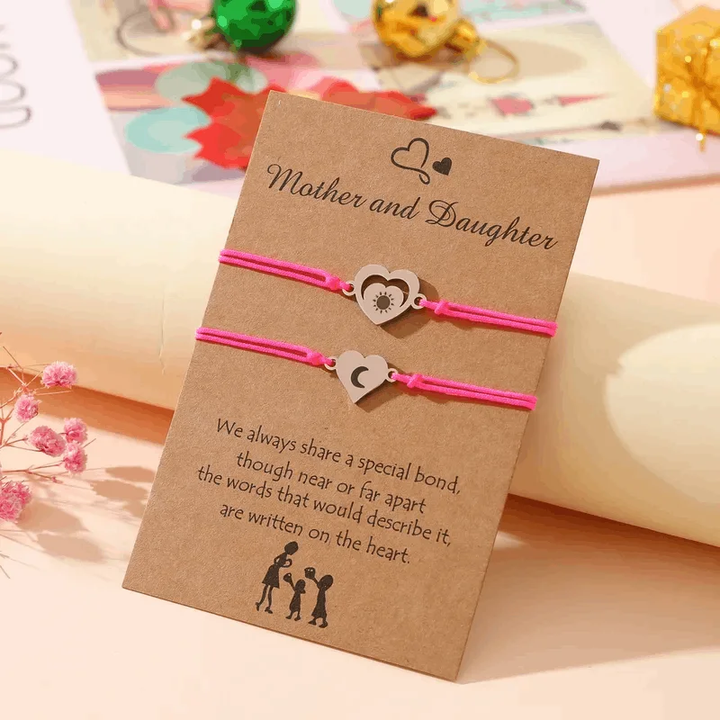 Women's vintage-inspired bangles-Adjustable Mother and Daughter Sun and Moon Heart Wish Bracelets with Presentation Card - Neon Pink