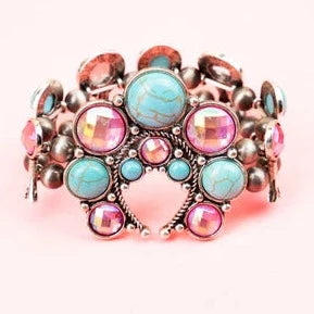 Women's leather bangles-Western Madison Heights Turquoise and Pink Silver Tone Stretch Bracelet