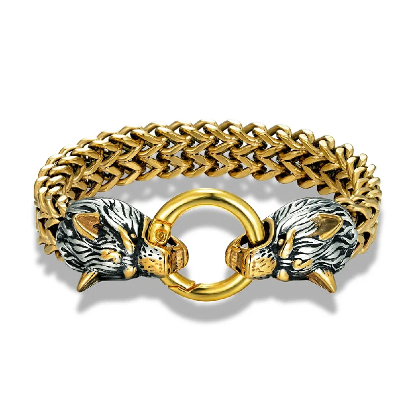 Women's diamond bangles-Double Wolves Gold-Black Stainless Steel Mesh Link Bracelet