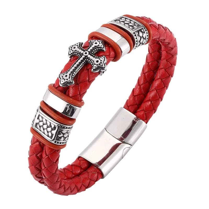 Women's art deco bangles-Stainless Steel Double Braided Red Leather Cross Magnetic Bracelet