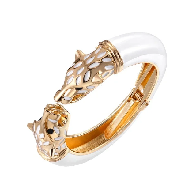 Women's evil eye bangles-White Enamel Panther Hinged Gold Bangle Luxury Bracelet