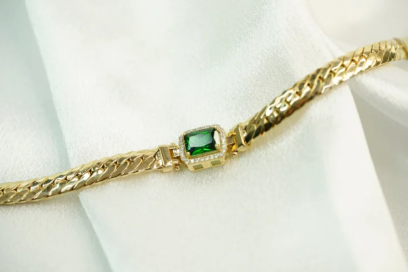 Women's sun bangles-14k Green Crystal Cuban Close Bracelet