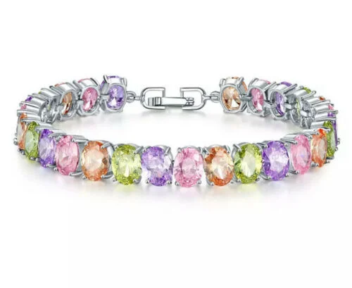 Women's astrology bangles-Sterling Silver Multicolor Gemstone Tennis Bracelet