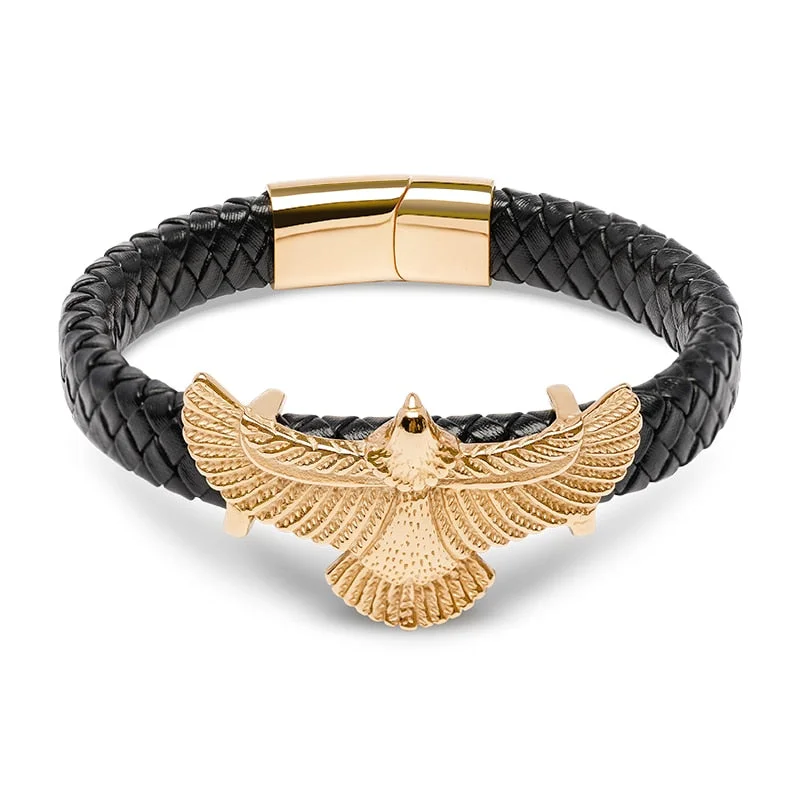 Women's minimalist bangles-Luxury Leather Gold IP Plated Stainless Steel Eagle Bracelet