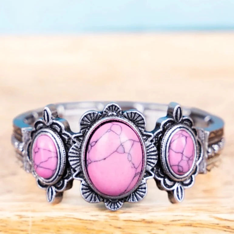 Women's art deco bangles-Silver Pink Stone Western Stretch Bracelet